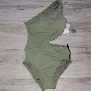 Michael Kors Women Green OneShoulder Zipper Cutout One Piece Swimsuit Su…